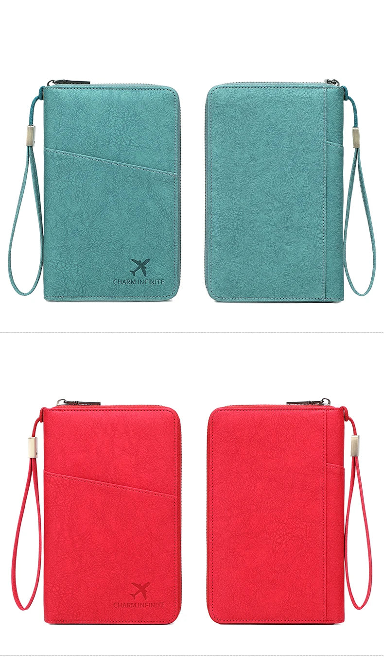 Multi-Functional RFID Blocking Passport Bag Travel Document Holder with Long Zipper Ticket Storage Wallet for Multiple Passports