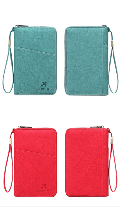 Multi-Functional RFID Blocking Passport Bag Travel Document Holder with Long Zipper Ticket Storage Wallet for Multiple Passports