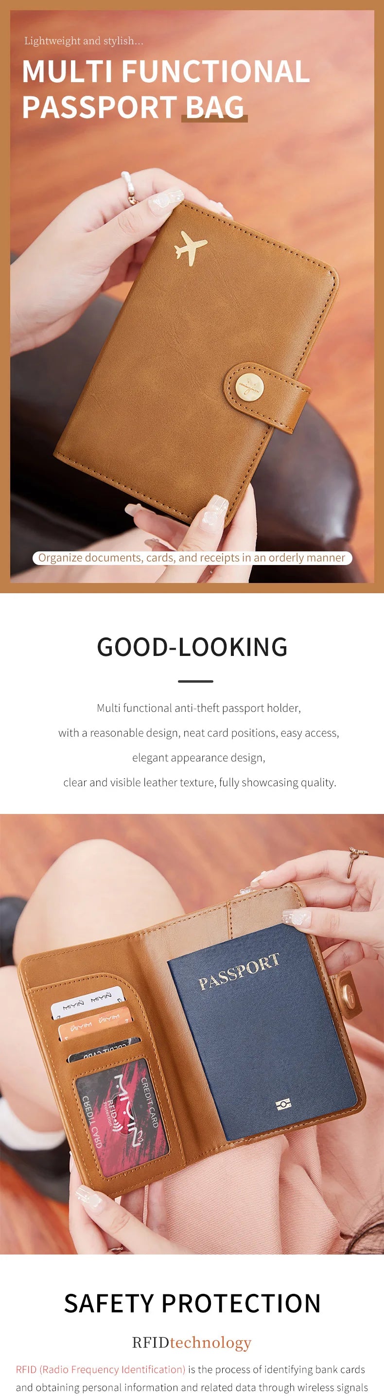 Minimalist and fashionable RFID passport clip multifunctional PU leather wallet case ID card credit card holder travel accessory
