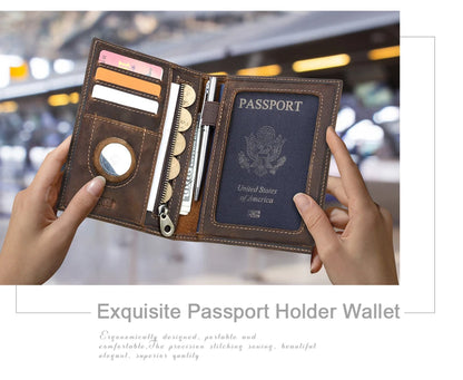 Genuine Cow Leather Passport Holder Travel Wallet with Airtag Case Anti-lost Pocket Pen Card Holder RFID Blocking Passport Cover