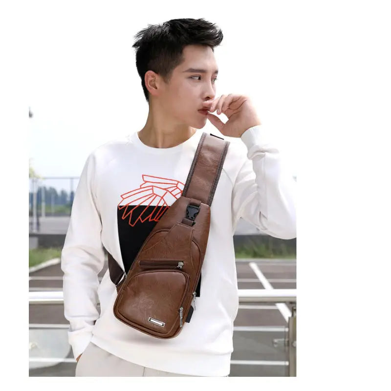 Men's USB chest bag portable large capacity charging casual crossbody bag outdoor sports PU chest bag