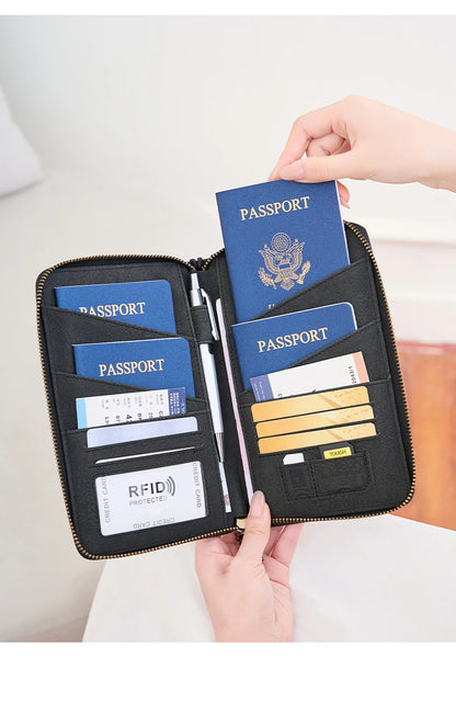 Multi-Functional RFID Blocking Passport Bag Travel Document Holder with Long Zipper Ticket Storage Wallet for Multiple Passports