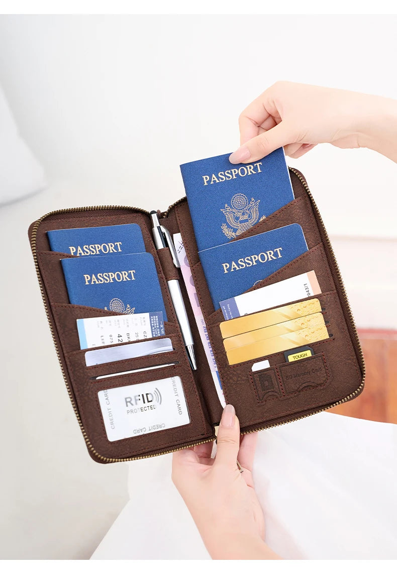 Multi-Functional RFID Blocking Passport Bag Travel Document Holder with Long Zipper Ticket Storage Wallet for Multiple Passports