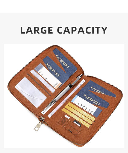 Multi-Functional RFID Blocking Passport Bag Travel Document Holder with Long Zipper Ticket Storage Wallet for Multiple Passports