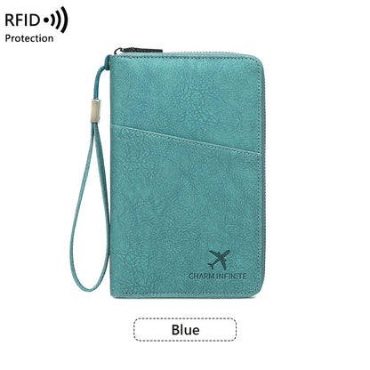 Multi-Functional RFID Blocking Passport Bag Travel Document Holder with Long Zipper Ticket Storage Wallet for Multiple Passports