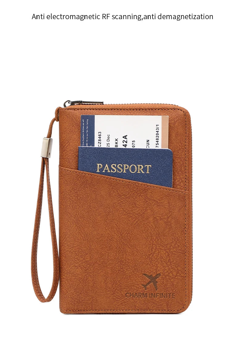 Multi-Functional RFID Blocking Passport Bag Travel Document Holder with Long Zipper Ticket Storage Wallet for Multiple Passports