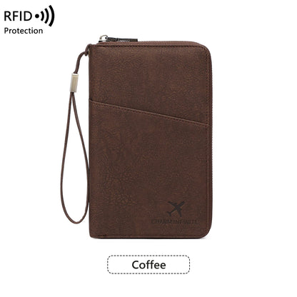 Multi-Functional RFID Blocking Passport Bag Travel Document Holder with Long Zipper Ticket Storage Wallet for Multiple Passports