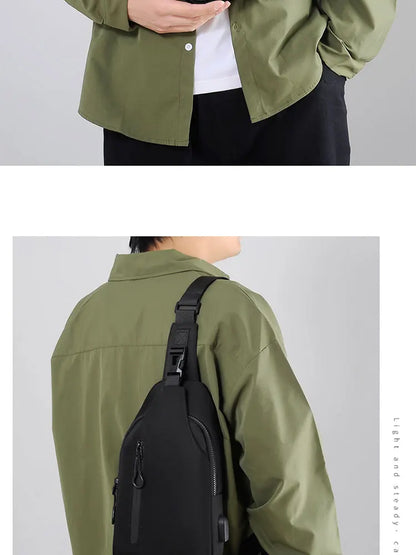 A Cool Men's Messenger Bag Casual Oxford Waterproof And Wearable Shoulder Bag Usb Rechargeable Chest Bag