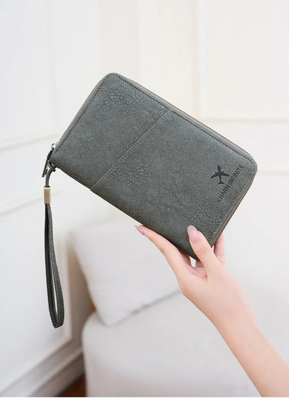 Multi-Functional RFID Blocking Passport Bag Travel Document Holder with Long Zipper Ticket Storage Wallet for Multiple Passports
