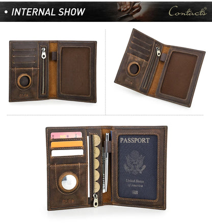 Genuine Cow Leather Passport Holder Travel Wallet with Airtag Case Anti-lost Pocket Pen Card Holder RFID Blocking Passport Cover