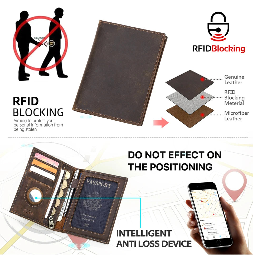 Genuine Cow Leather Passport Holder Travel Wallet with Airtag Case Anti-lost Pocket Pen Card Holder RFID Blocking Passport Cover