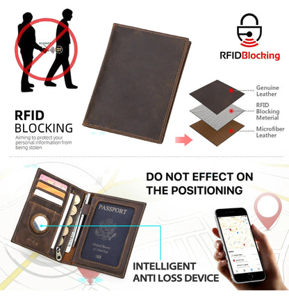 Genuine Cow Leather Passport Holder Travel Wallet with Airtag Case Anti-lost Pocket Pen Card Holder RFID Blocking Passport Cover