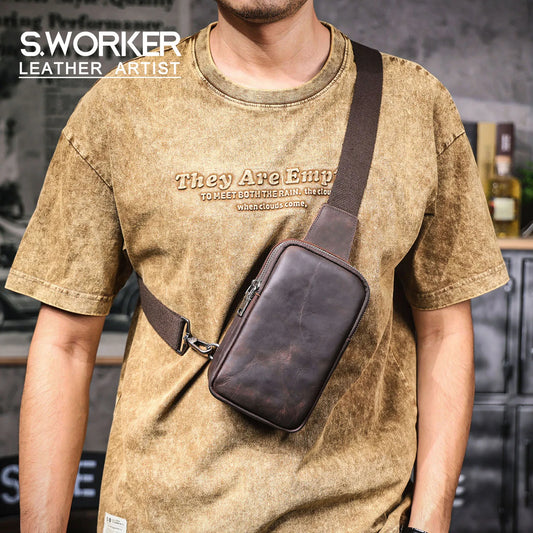 Premium Genuine Leather Chest Bag For men Vintage Full Grain Leather Crossbody Shoulder Bag Sling Bag Daypack Large Capacity