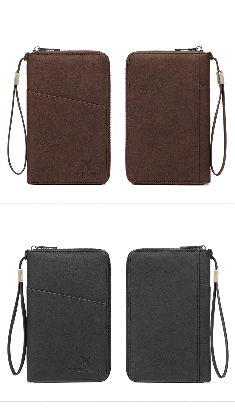 Multi-Functional RFID Blocking Passport Bag Travel Document Holder with Long Zipper Ticket Storage Wallet for Multiple Passports