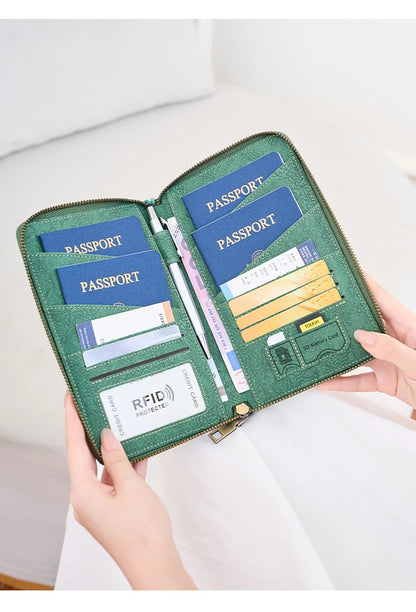 Multi-Functional RFID Blocking Passport Bag Travel Document Holder with Long Zipper Ticket Storage Wallet for Multiple Passports