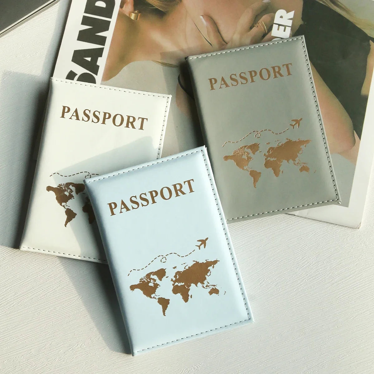 Passport cover plain skin PU passport cover world map protection cover credit card holder ID card passport wallet