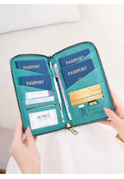 Multi-Functional RFID Blocking Passport Bag Travel Document Holder with Long Zipper Ticket Storage Wallet for Multiple Passports