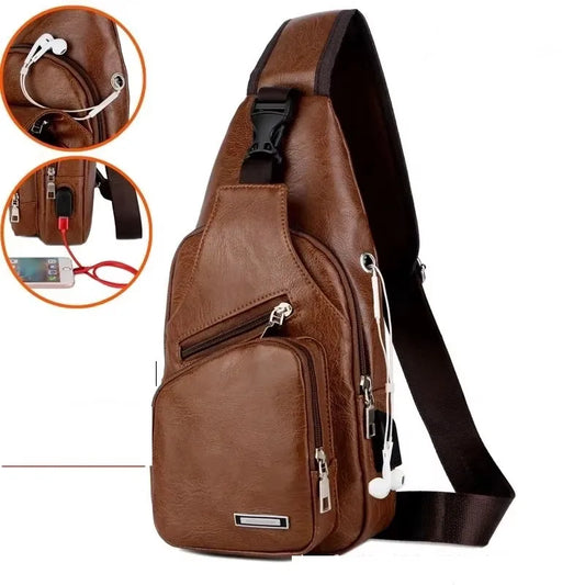 Men's USB chest bag portable large capacity charging casual crossbody bag outdoor sports PU chest bag