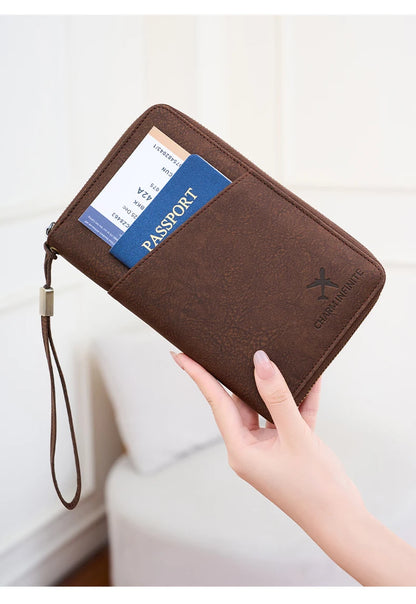 Multi-Functional RFID Blocking Passport Bag Travel Document Holder with Long Zipper Ticket Storage Wallet for Multiple Passports