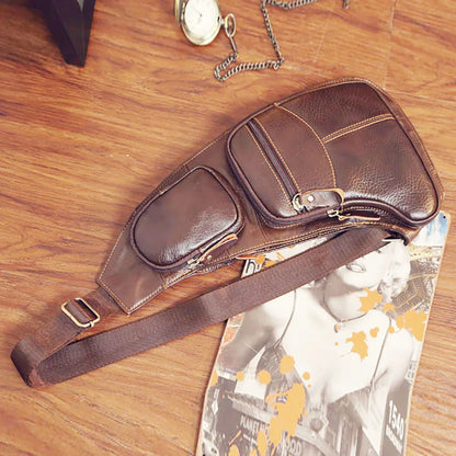 Men Genuine Leather Cross Body Shoulder Sling Backpack Chest Bag Pouch Genuine Leather Casual Travel Retro Male Crossbody Messenger Side Bags
