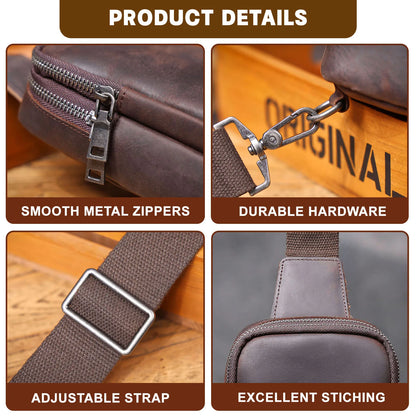 Premium Genuine Leather Chest Bag For men Vintage Full Grain Leather Crossbody Shoulder Bag Sling Bag Daypack Large Capacity