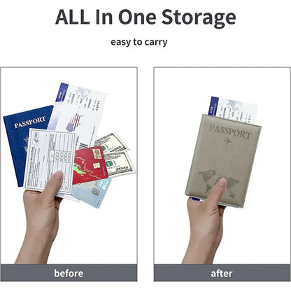 PU Leather Passport Cover For Men & Women Organizer - Protective Card Holder ID Document Covers World Map Travel Passport Case