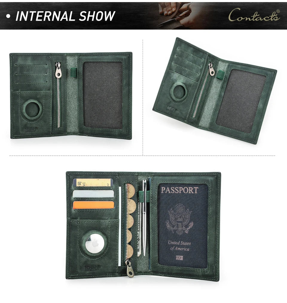 Genuine Cow Leather Passport Holder Travel Wallet with Airtag Case Anti-lost Pocket Pen Card Holder RFID Blocking Passport Cover