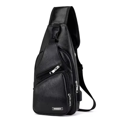 Men's USB chest bag portable large capacity charging casual crossbody bag outdoor sports PU chest bag