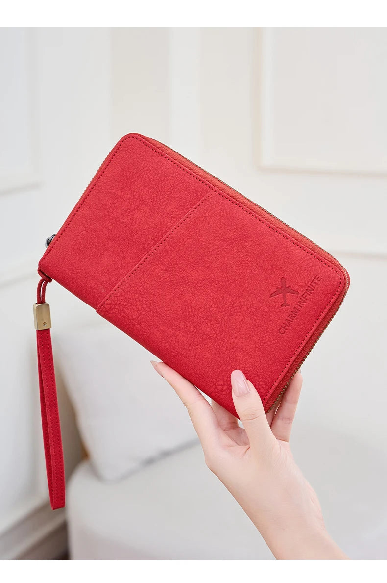 Multi-Functional RFID Blocking Passport Bag Travel Document Holder with Long Zipper Ticket Storage Wallet for Multiple Passports