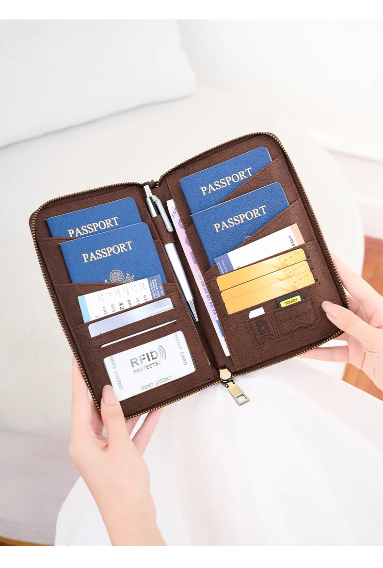 Multi-Functional RFID Blocking Passport Bag Travel Document Holder with Long Zipper Ticket Storage Wallet for Multiple Passports