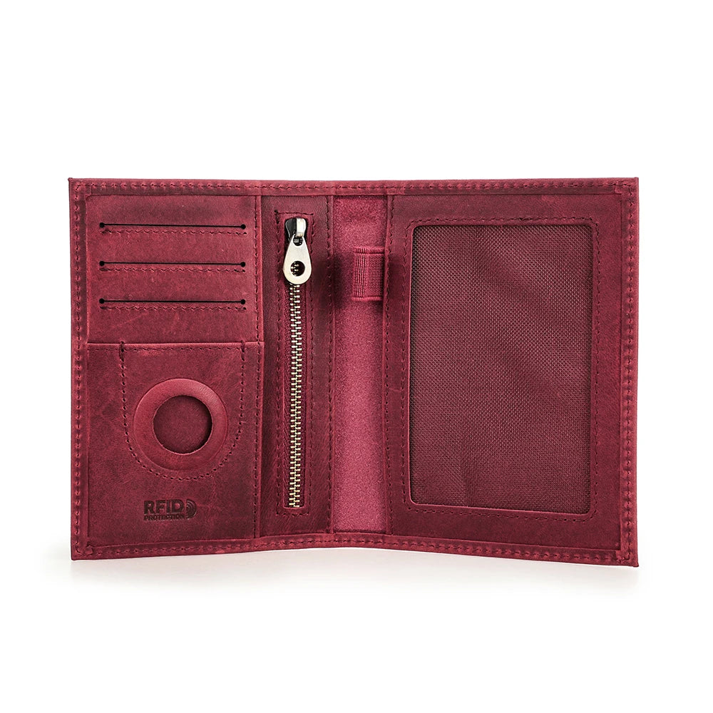 Genuine Cow Leather Passport Holder Travel Wallet with Airtag Case Anti-lost Pocket Pen Card Holder RFID Blocking Passport Cover