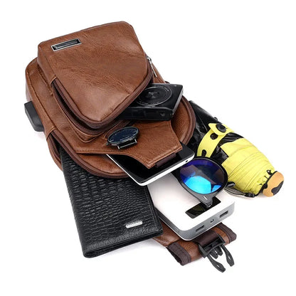 Men's chest bag with headphone jack USB shoulder strap