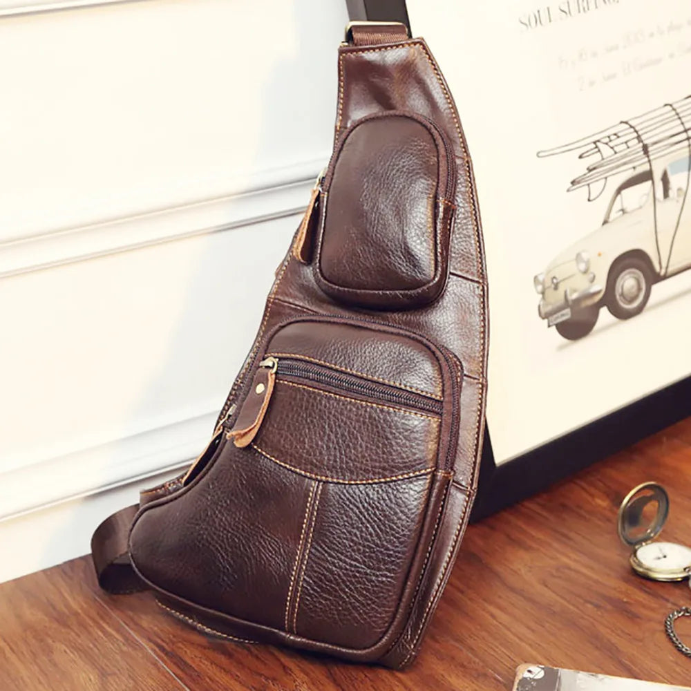 Men Genuine Leather Cross Body Shoulder Sling Backpack Chest Bag Pouch Genuine Leather Casual Travel Retro Male Crossbody Messenger Side Bags