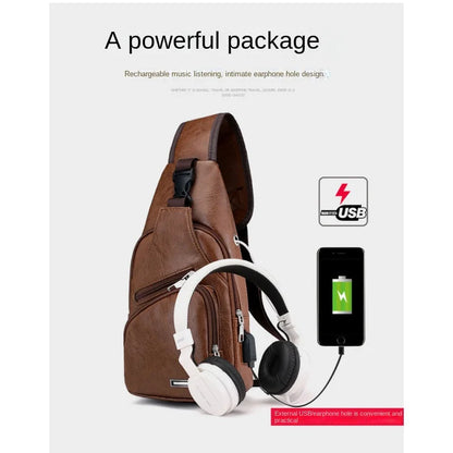 Men's USB chest bag portable large capacity charging casual crossbody bag outdoor sports PU chest bag