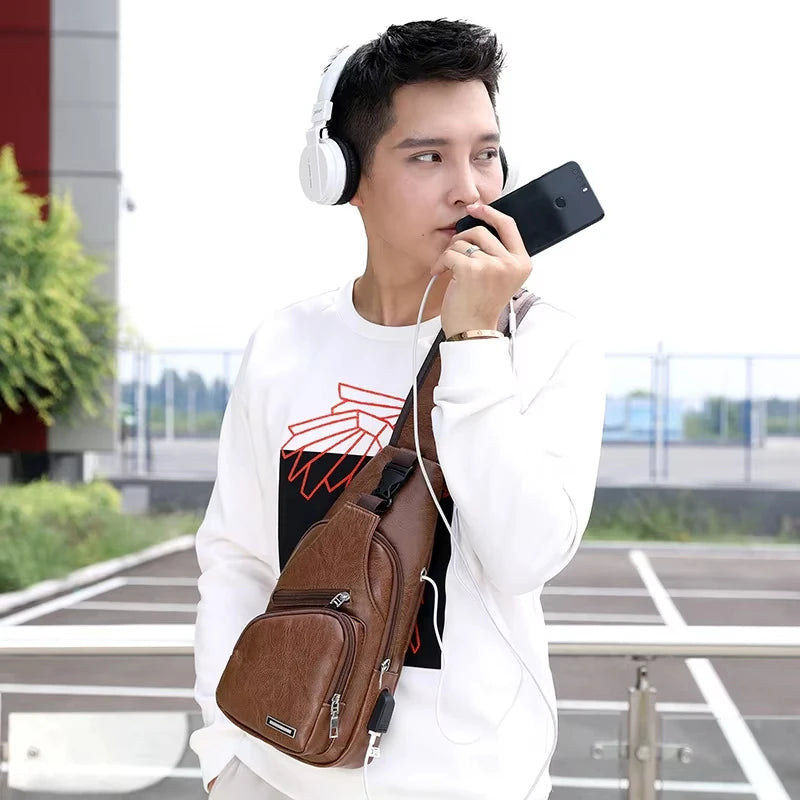 Men's USB chest bag portable large capacity charging casual crossbody bag outdoor sports PU chest bag
