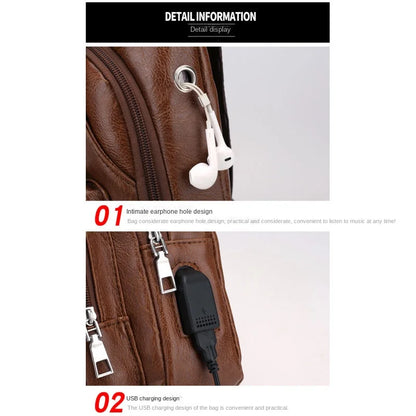 Men's USB chest bag portable large capacity charging casual crossbody bag outdoor sports PU chest bag