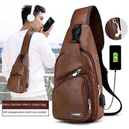 Men's chest bag with headphone jack USB shoulder strap