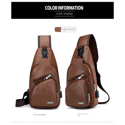 Men's USB chest bag portable large capacity charging casual crossbody bag outdoor sports PU chest bag