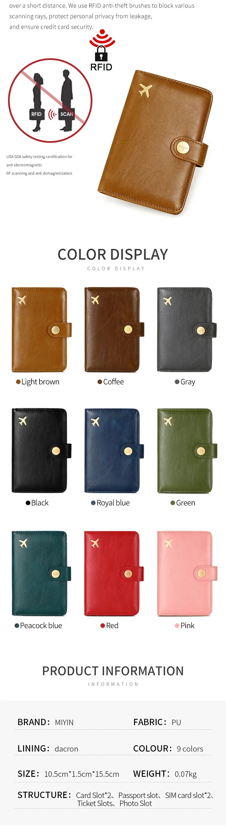 Minimalist and fashionable RFID passport clip multifunctional PU leather wallet case ID card credit card holder travel accessory