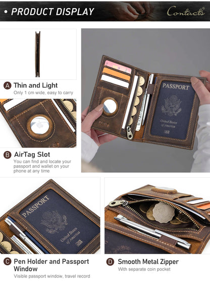 Genuine Cow Leather Passport Holder Travel Wallet with Airtag Case Anti-lost Pocket Pen Card Holder RFID Blocking Passport Cover
