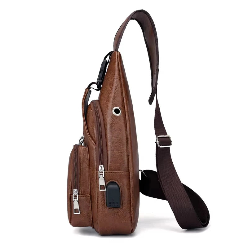 Men's USB chest bag portable large capacity charging casual crossbody bag outdoor sports PU chest bag