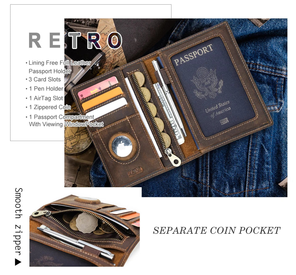 Genuine Cow Leather Passport Holder Travel Wallet with Airtag Case Anti-lost Pocket Pen Card Holder RFID Blocking Passport Cover
