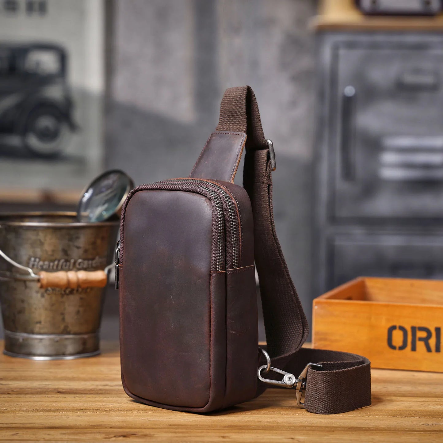 Premium Genuine Leather Chest Bag For men Vintage Full Grain Leather Crossbody Shoulder Bag Sling Bag Daypack Large Capacity