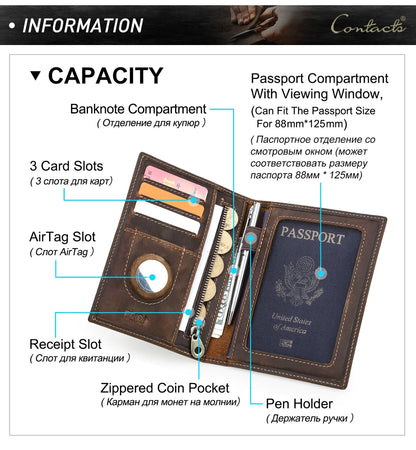 Genuine Cow Leather Passport Holder Travel Wallet with Airtag Case Anti-lost Pocket Pen Card Holder RFID Blocking Passport Cover