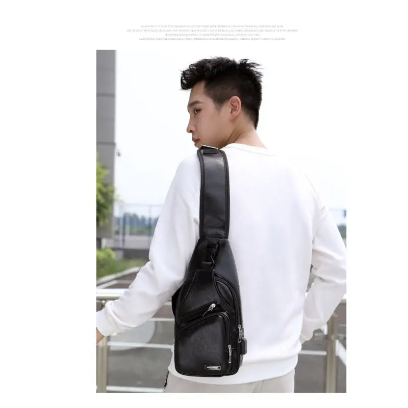 Men's USB chest bag portable large capacity charging casual crossbody bag outdoor sports PU chest bag