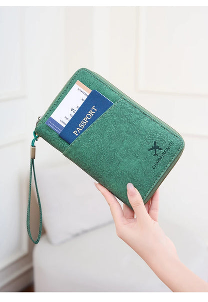 Multi-Functional RFID Blocking Passport Bag Travel Document Holder with Long Zipper Ticket Storage Wallet for Multiple Passports