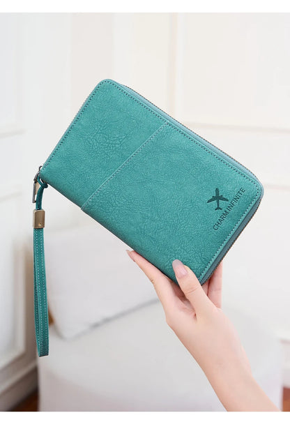 Multi-Functional RFID Blocking Passport Bag Travel Document Holder with Long Zipper Ticket Storage Wallet for Multiple Passports