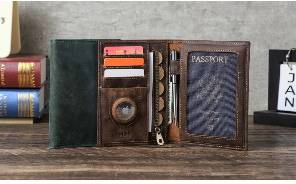 Genuine Cow Leather Passport Holder Travel Wallet with Airtag Case Anti-lost Pocket Pen Card Holder RFID Blocking Passport Cover
