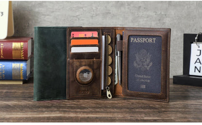 Genuine Cow Leather Passport Holder Travel Wallet with Airtag Case Anti-lost Pocket Pen Card Holder RFID Blocking Passport Cover