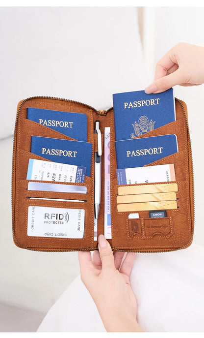 Multi-Functional RFID Blocking Passport Bag Travel Document Holder with Long Zipper Ticket Storage Wallet for Multiple Passports